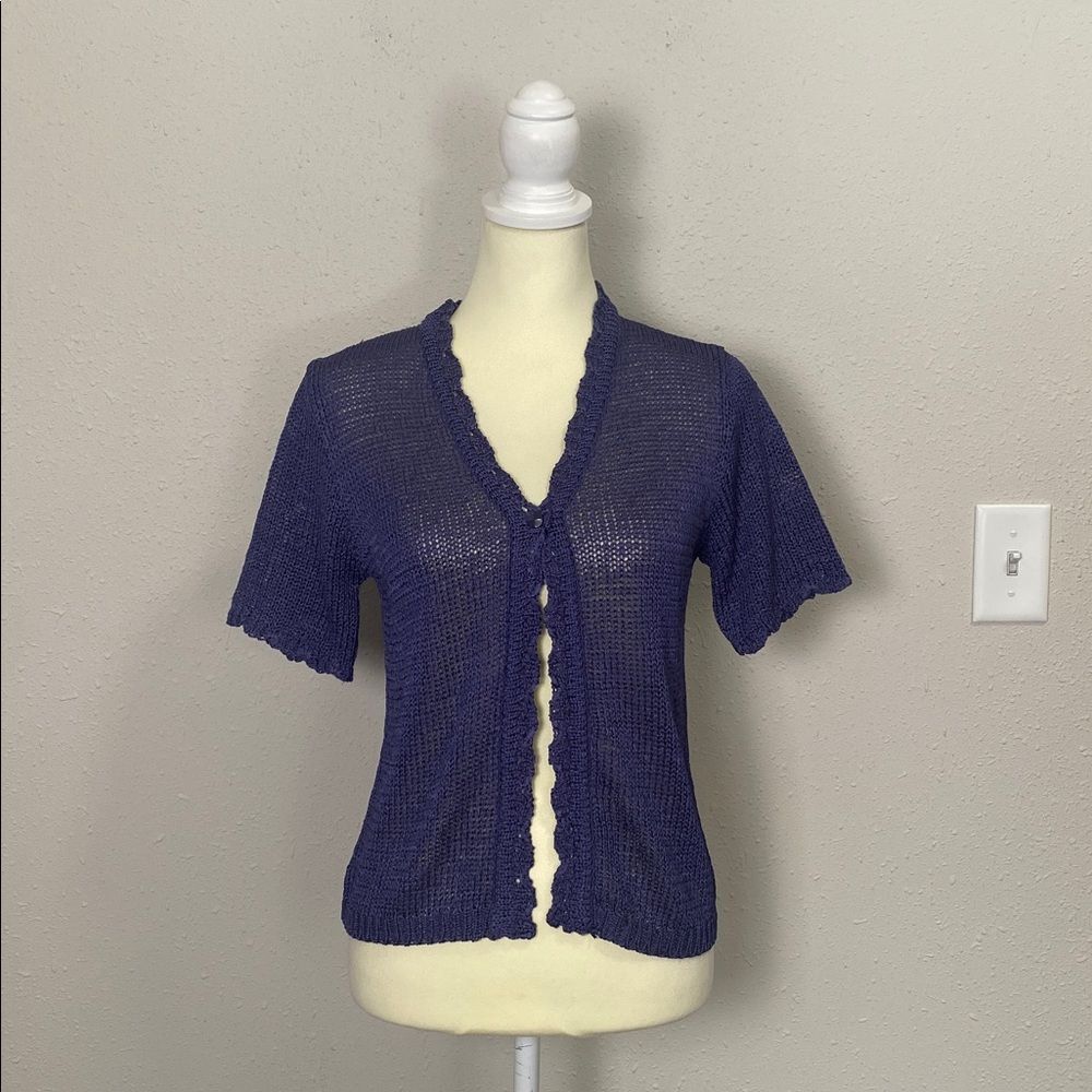 Vintage Sag Harbor Petite Purple Open Knit Crochet Cardigan Short Sleeve Cottage - Picture 8 of 12